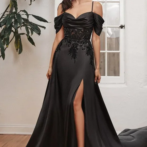 NEW LONG SATIN OFF THE SHOULDER SLEEVELESS EMBROIDERED DRESS WITH ZIP CD OC012